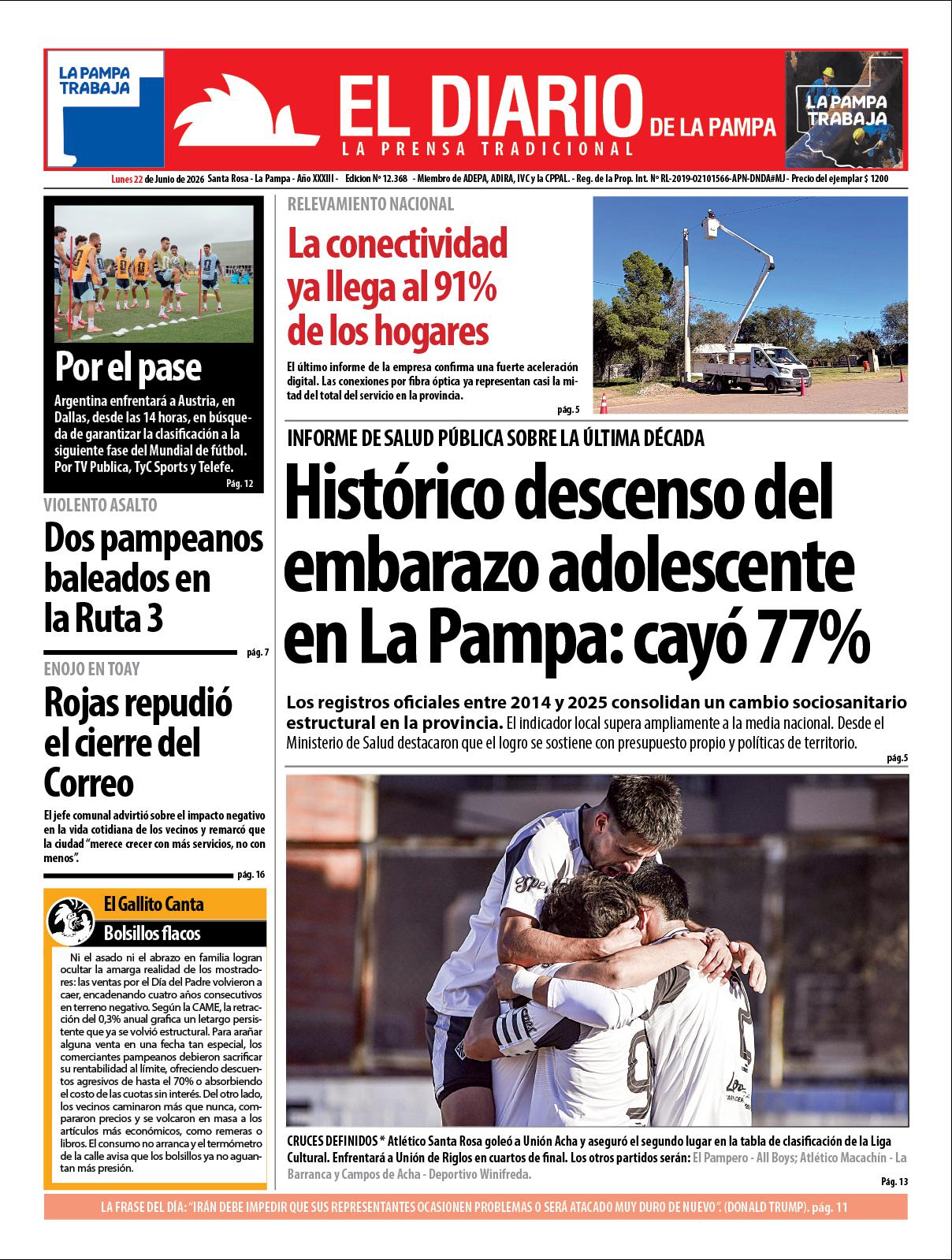 Tapa de El Diario en papel  lunes 22 de junio de 2026